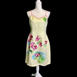 NWT CJ Laing Celery / Lime Green Linen Floral Embroidered Resort Dress Size 10